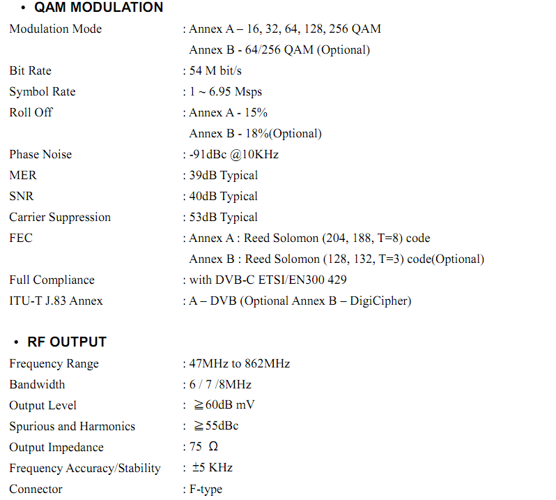Thông số QAM Modulator Winersat WQM-860SL