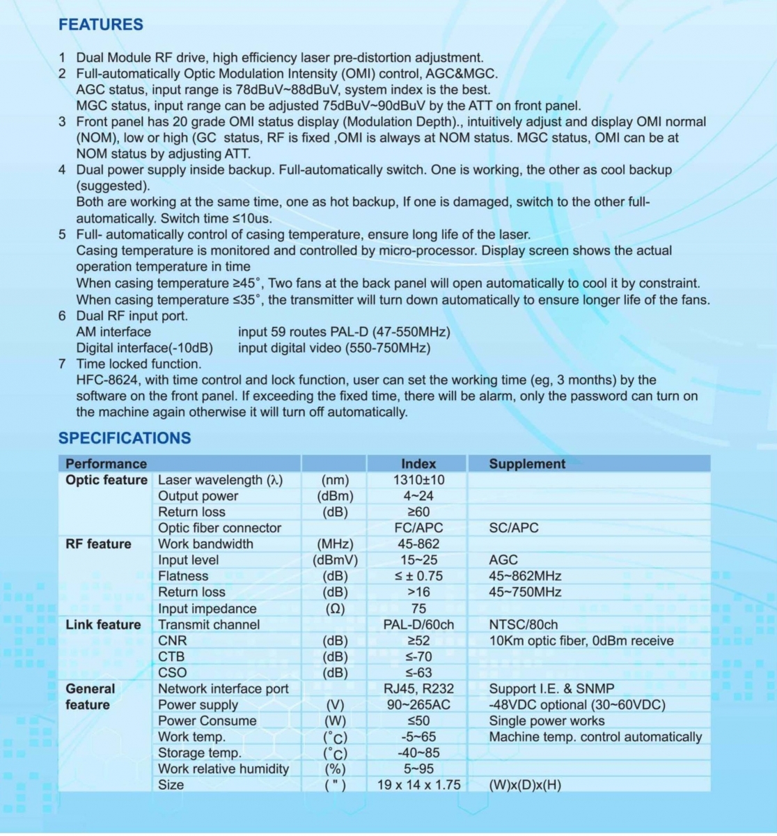 Thông số kỹ thuật máy phát quang Infosat HFX-8624